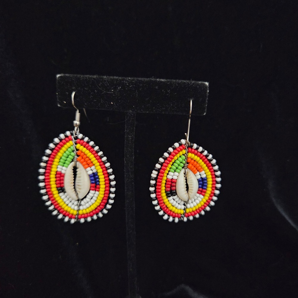 Maasai Beaded Cowrie Shell Drop Earrings Multi Color Tribal Boho Handcrafted